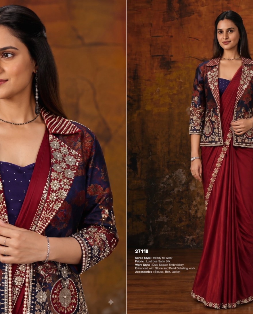 27118 - Maroon Embroidered Wedding Party Designer Saree